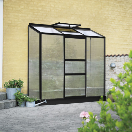 Anlehngewächshaus 1,33m² aus schwarz lackiertem Aluminium und 4mm Polycarbonat Altan 3 Halls