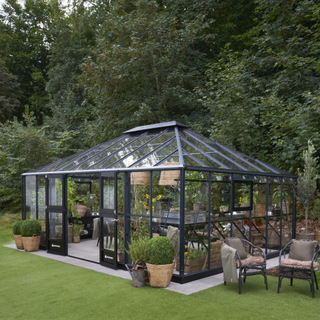 Gewächshaus Grand Oase 25,6m² aus schwarzem Aluminium und Sicherheitsglas 3mm - Juliana