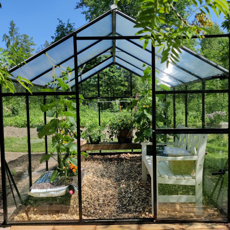 Gewächshaus Sanus L7 Hybrid 6,5m² anthrazit aus Sicherheitsglas und Polycarbonat - Gampre