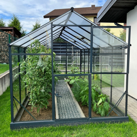 Gewächshaus Sanus L10 Hybrid 9,8m² aus Sicherheitsglas und Polycarbonat anthrazit- Gampre