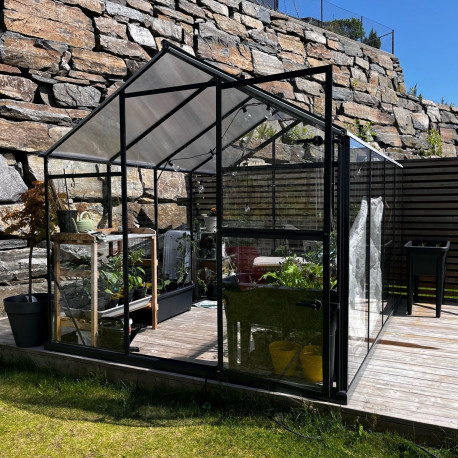 Gewächshaus Sanus UP! L7 Hybrid 6,5m² anthrazit aus Sicherheitsglas und Polycarbonat - Gampre