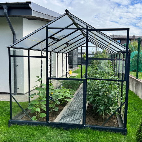 Gewächshaus Sanus L8 Hybrid 7,92m² anthrazit aus Sicherheitsglas und Polycarbonat - Gampre