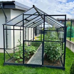 Gewächshaus Sanus UP! L10 Hybrid 9,8m² anthrazit aus Sicherheitsglas und Polycarbonat - Gampre