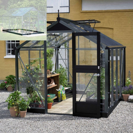 Set Gewächshaus Compact 6,6m² anthrazit aus Sicherheitsglas + Fundamentrahmen schwarz - Juliana