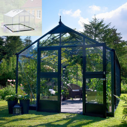 Set Gewächshaus Premium 8,8m² anthrazit aus Sicherheitsglas + Fundamentrahmen schwarz - Juliana