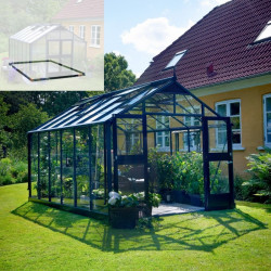 Set Gewächshaus Premium 13m² anthrazit aus Sicherheitsglas + Fundamentrahmen schwarz - Juliana