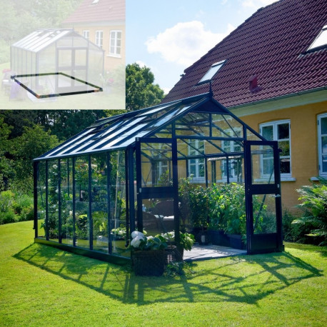 Set Gewächshaus Premium 13m² anthrazit aus Sicherheitsglas + Fundamentrahmen schwarz - Juliana