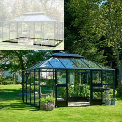 Set Gewächshaus Grand Oase 13m² anthrazit aus 3mm Sicherheitsglas + Fundamentrahmen schwarz - Juliana