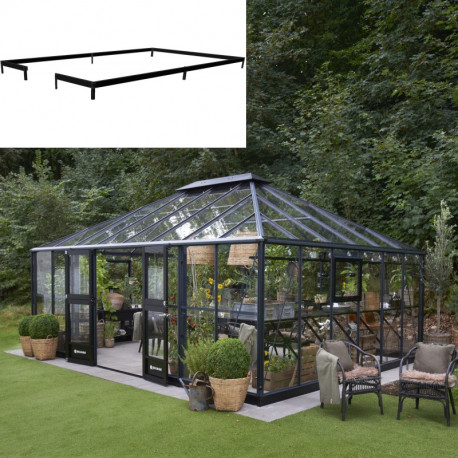 Set Gewächshaus Grand Oase 25,6m² anthrazit aus 3mm Sicherheitsglas + Fundamentrahmen schwarz - Juliana