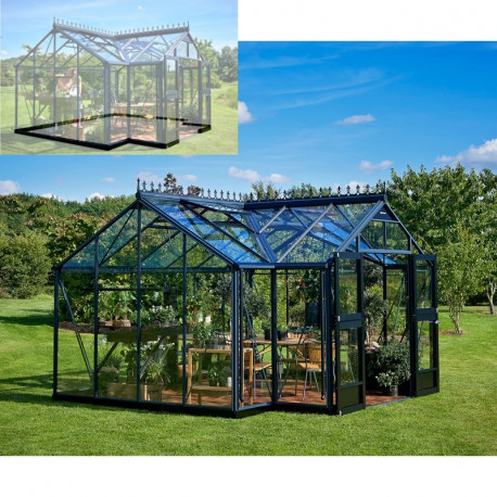 Set Gewächshaus Orangerie 15,1m² anthrazit aus Sicherheitsglas + Fundamentrahmen schwarz - Juliana