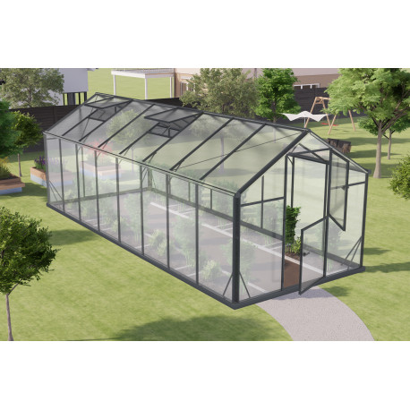 Gewächshaus Sanus L12 Hybrid 12,54m² anthrazit aus Sicherheitsglas und Polycarbonat - Gampre