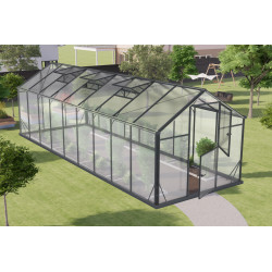 Gewächshaus Sanus L15 Hybrid 14,3m² anthrazit aus Sicherheitsglas und Polycarbonat - Gampre