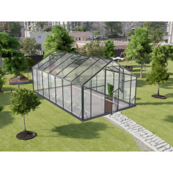Gewächshaus Sanus UP! L15 Hybrid 14,3m² anthrazit aus Sicherheitsglas und Polycarbonat - Gampre