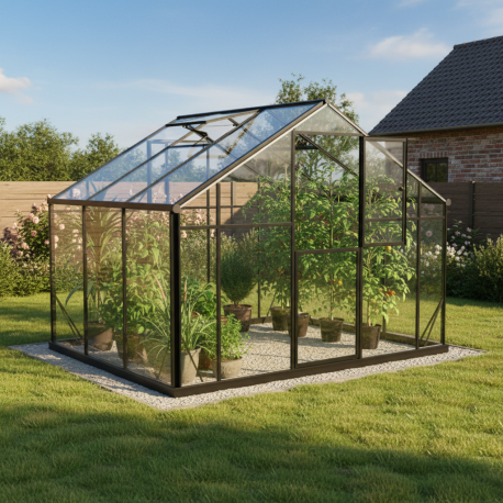 Gewächshaus 6,38m² Sanus UP! XL7 aus schwarzem Aluminium und Sicherheitsglas - Gampre