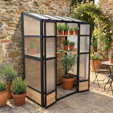 Balkongewächshaus aus Holz und Polycarbonat 3mm mit Regalen und aufklappbarem Dach - Arbour