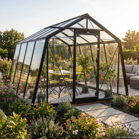 Gewächshaus S104H 9,12 m² aus schwarzem Aluminium und Sicherheitsglas BLACKLINE – ACD