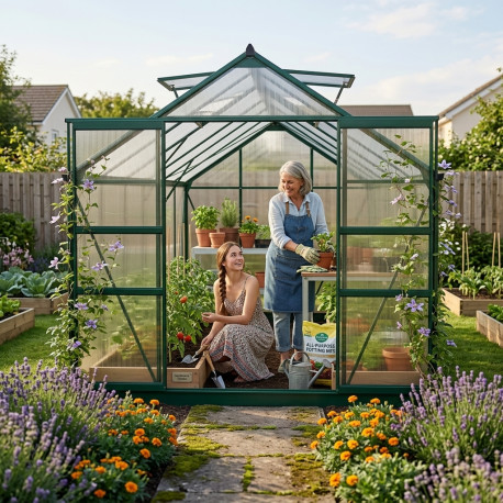 Gewächshaus 15,03m² grün, Doppelstegplatten aus Polycarbonat 4mm + Fundament Green Protect