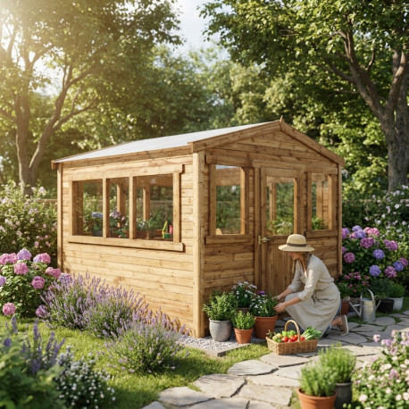Gewächshaus aus Holz 9m² braun, Wandstärke 28mm - Gardy Shelter