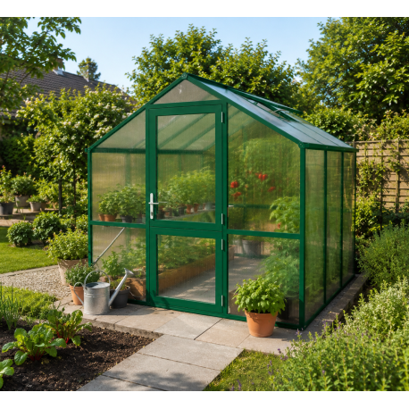 Gewächshaus 7,53m² aus Aluminium und 10mm Polycarbonatplatten Rose III - moosgrün - KGT