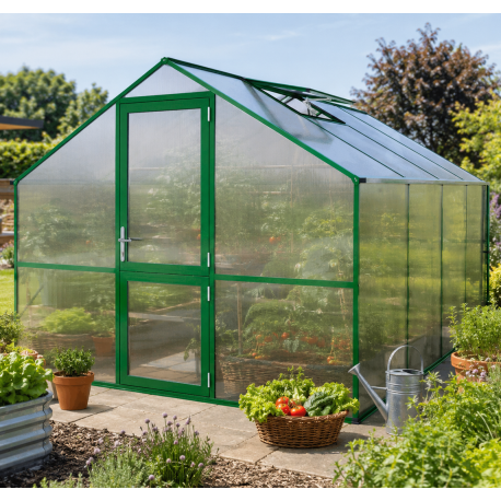 Gewächshaus 12,74m² aus Aluminium und 10mm Polycarbonatplatten Orchidee IV - moosgrün - KGT