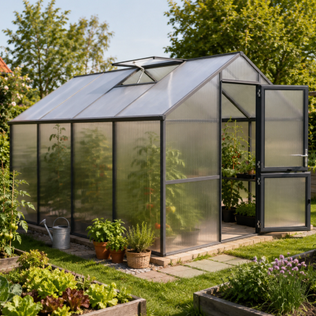 Gewächshaus 12,74m² aus Aluminium und 16mm Polycarbonatplatten Nelke IV - anthrazit-grau - KGT