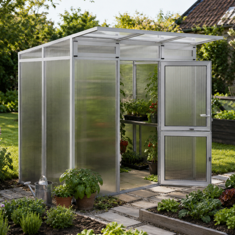 Gewächshaus mit Pultdach 3,49m² aus Aluminium und 16mm Polycarbonatplatten Santini II-S - pressblank - KGT