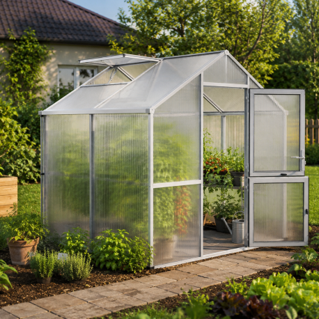 Gewächshaus 5,06m² aus Aluminium und 16mm Polycarbonatplatten Iris II - pressblank - KGT