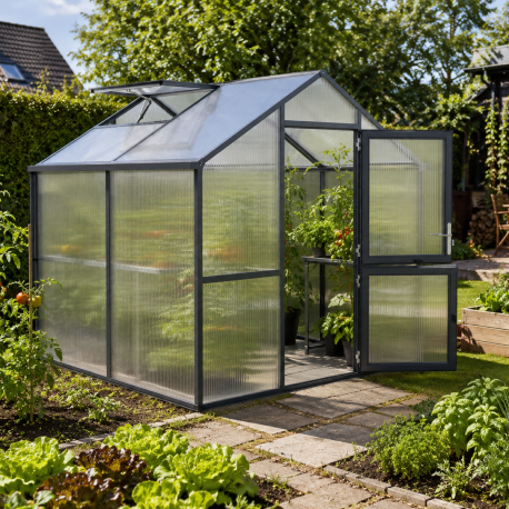 Gewächshaus 5,06m² aus Aluminium und 16mm Polycarbonatplatten Iris II - anthrazit-grau - KGT