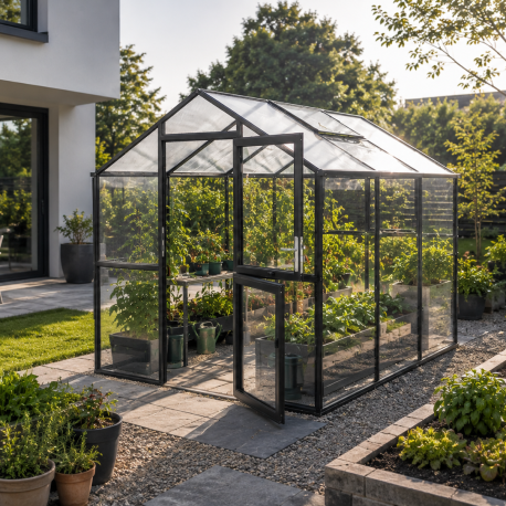Gewächshaus 7,53m² aus Aluminium, 4mm Sicherheitsglas und Polycarbonatplatten Aptasia III - anthrazit-grau - KGT