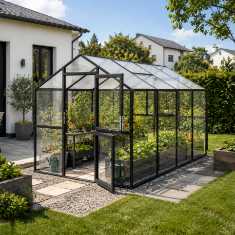 Gewächshaus 10m² aus Aluminium, 4mm Sicherheitsglas und Polycarbonatplatten Aptasia IV - anthrazit-grau - KGT