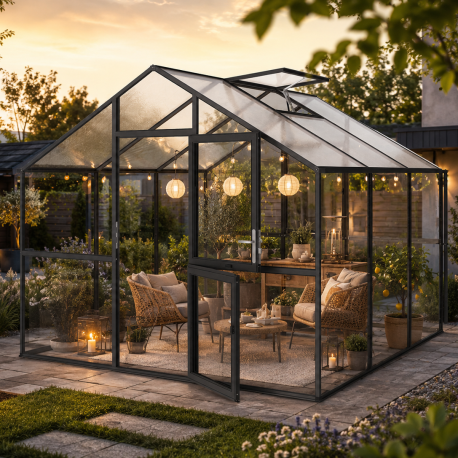 Gewächshaus 9,59m² aus Aluminium, 4mm Sicherheitsglas und Polycarbonatplatten Ortasia III - anthrazit-grau - KGT