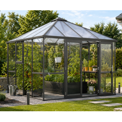 Gewächshaus 9m² aus Aluminium, 4mm Sicherheitsglas und Polycarbonatplatten PaviLux - anthrazit-grau - KGT