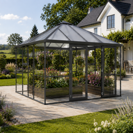 Gewächshaus 12,25m² aus Aluminium, 4mm Sicherheitsglas und Polycarbonatplatten PaviLux - anthrazit-grau - KGT
