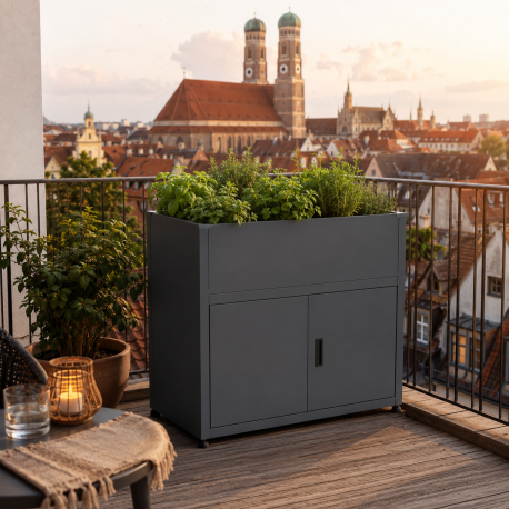 Hochbeet aus verzinktem Stahl – anthrazit-grau – mit Aufbewahrungsfach – UrbanGrow M – KGT