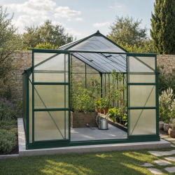 Gewächshaus 16,9m² grün, Doppelstegplatten aus Polycarbonat 4mm + Fundament Green Protect