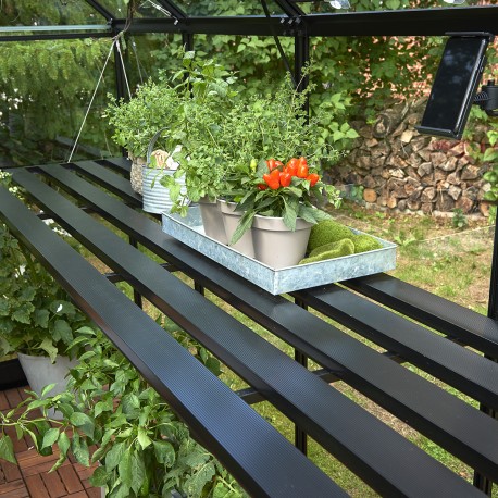 Integrierter Lamellentisch aus Aluminium schwarz für Gewächshaus Premium 10,9m² - Juliana