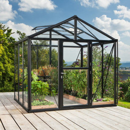 Gewächshaus Zeus 6200 schwarz aus Aluminium, 3mm Sicherheitsglas und 10mm Polycarbonatplatten - Vitavia